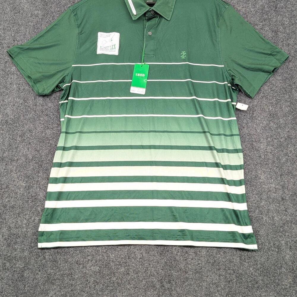IZOD Polo Shirt Mens Large Green Striped Workout Stretch Golf Sports Pullover